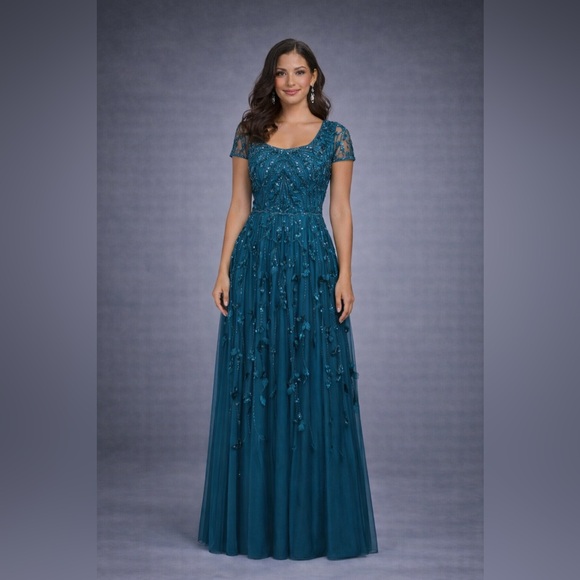 Adrianna Papell Dresses & Skirts - Adrianna Papell Teal Beaded Tulle Gown Size 4 NWT Black Tie Evening Formal GALA